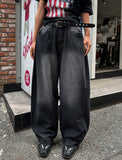 Side pin tuck washed wide denim pants