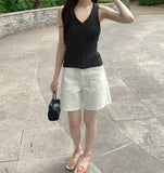 Knit Button Ribbed V-neck Sleeveless