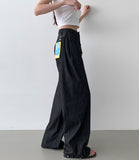 Non-Fade Summer Cooling Banding Folding Cut Hem Snap Wide Denim Pants