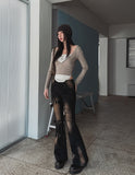 Ash Ribbed Deep Button Layered Long Sleeves
