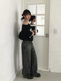 Ops Stripe Washing Denim Wide Pants