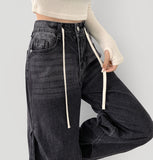 Knee Side Pin Tuck Balloon Waist Adjustment Wide Fit Denim Pants