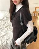 Moon round neck ribbon layered wool short sleeve knit