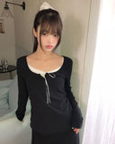 Dew Lace Loose Fit Button Shirring Long Sleeve T-Shirt