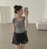 Summer Long Leg Fit A-Line Banding Denim Shorts