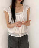 Punning Smoke Banding Pintuck Lace Short Sleeve Blouse