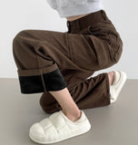 Golden Corduroy Cargo Veloa Fleece Long Wide Pants