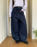 Lemming Stripe Big Pocket Snap Button Denim Wide Long Pants