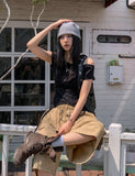 Star shirring strap two-way boat neck short sleeve