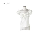 Deto Shirring Heart Neck Lace Ribbon Short Sleeve T-Shirt