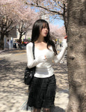 Heming Ribbed Lace Button Sleeveless Top