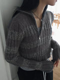 Near angora fur color matching stripe two-way diagonal zipper long sleeve knit