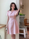 Moenne Heart Neck Puff Tweed Flare One Piece