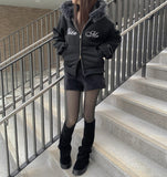 Brushed Two-Way Embroidered Lettering Loose Fit Fur Hood Zip-Up