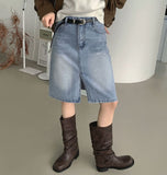 Trend Denim Midi Slit A-Line Skirt