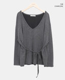 Nocket String Loose Fit V-neck Long Sleeve T-Shirt