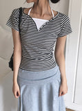 Isho Fake Layered Halter Stripe Button Short Sleeve T-shirt