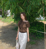 Feminine Cap Sleeves Unbalanced One-Off Short Sleeve Knit
