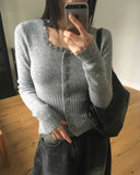 Shaltie Lace Square Neck Ribbed Knit Cardigan