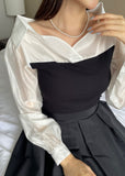 Tello Color Matching Knit Off-shoulder Shirt Blouse