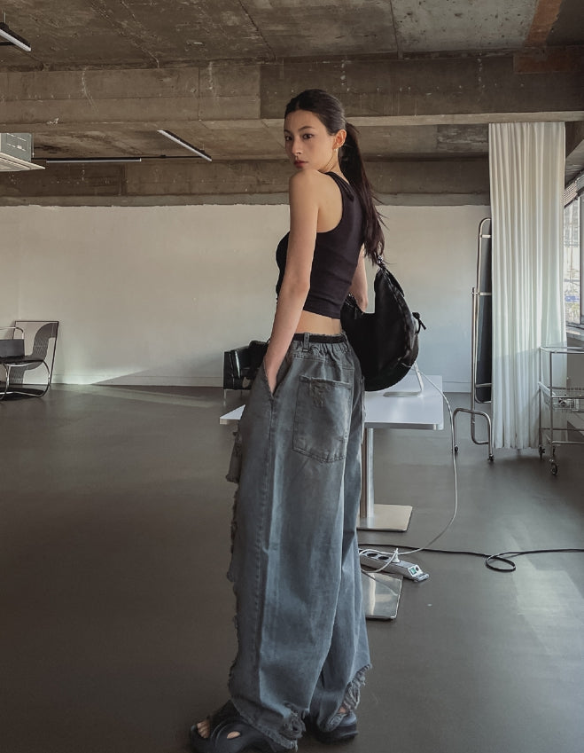【U LAN】River Dirty Damage Balloon Denim Pants U LAN (ユーラン) - リバーダーティダメージバルーンデニム