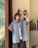 [unisex] Bubblet Stripe Linen Over Short Sleeve Shirt