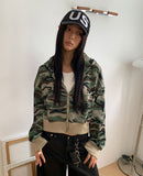 E-Ring Military Camo Pocket Crop Long Sleeve Hooded Zip-Up