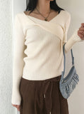 Robeil Twist Wrap V-neck Ribbed Long Sleeve Knit