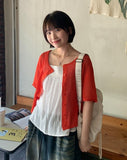 Pyuo Color Round Net Knit Short Sleeve Cardigan