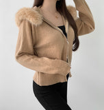 Two-Way Fur Hood Slim Fit Knit Zip-Up
