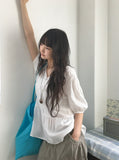 Munil Stripe V-Neck Half Button Blouse