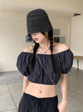 Minen Denim Off Shoulder Cropped Short Sleeve Blouse