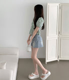 Summer Ribbon Puff Balloon Short Sleeve Flare Blouse