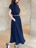 Odd Half-Neck Draped Banding Flare One Piece (Belt Set)