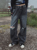 [U-DENIM] Summer ripped jeans wide denim pants