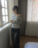 Giron Stripe One Off Shoulder Unbalance T-Shirt