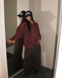 Mutt check pattern collar pocket oversized long-sleeved shirt