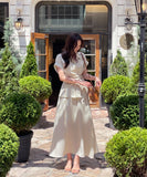 [Two Piece] Duere Linen Wrap Collar Shirt Long Skirt