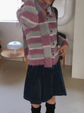 [Muffler Set] Jes Fur Stripe Color Matching Collar Knit Long Sleeve Cardigan