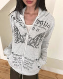 Hummus Lettering Print Stripe Color Matching Snap Button Long Sleeve Hood Zip-Up