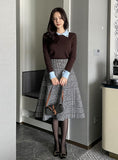 Eble Herringbone Check Flare Wool Skirt