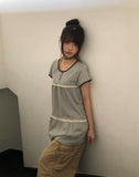 Juon Shirred Button Loose Fit Henley Neck Short Sleeve T-shirt