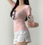Deep U-neck Square Neck Slim Fit Short Sleeve T-Shirt