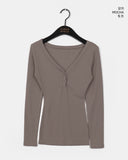 Ssotu Ribbed Button Slim Fit V-Neck T-shirt