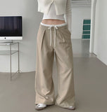 Color Matching Banding Side Zipper Pintuck Wide Slacks Pants