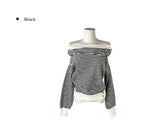 Boudin Stripe Loose Fit Off-Shoulder Button Knit