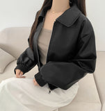 Autumn Pocket Zipper Loose Fit Leather Two-Way Crop Jacket