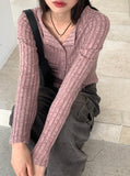 Tully Bokashi Shirring Ribbed Collar Button Long Sleeve Cardigan