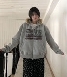 America Dirty Printing Brushed Fur Hood Zip-Up