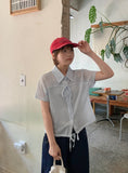 Felnas Stripe Ribbon Short Sleeve Blouse